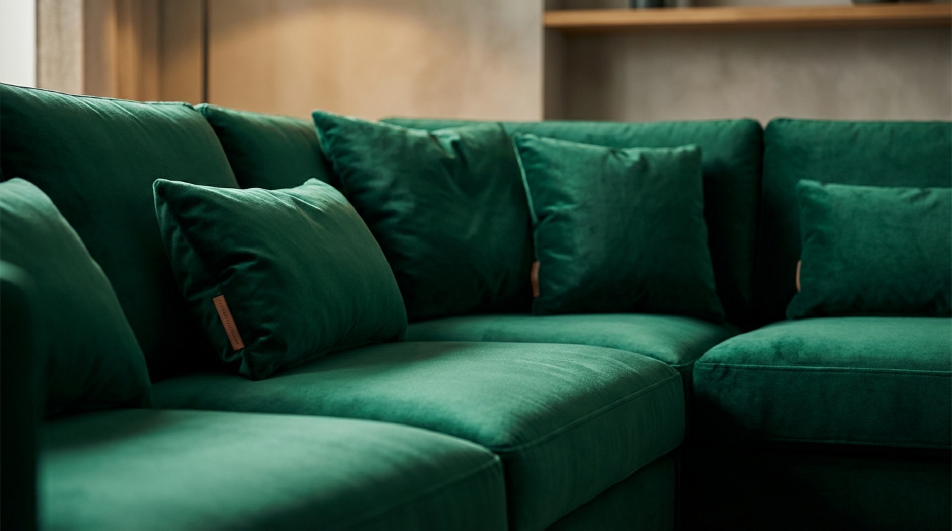 Nahaufnahme eines eleganten smaragdgrünen Samtsofas mit Kissen und weichem Licht, das die edle Textur hervorhebt.