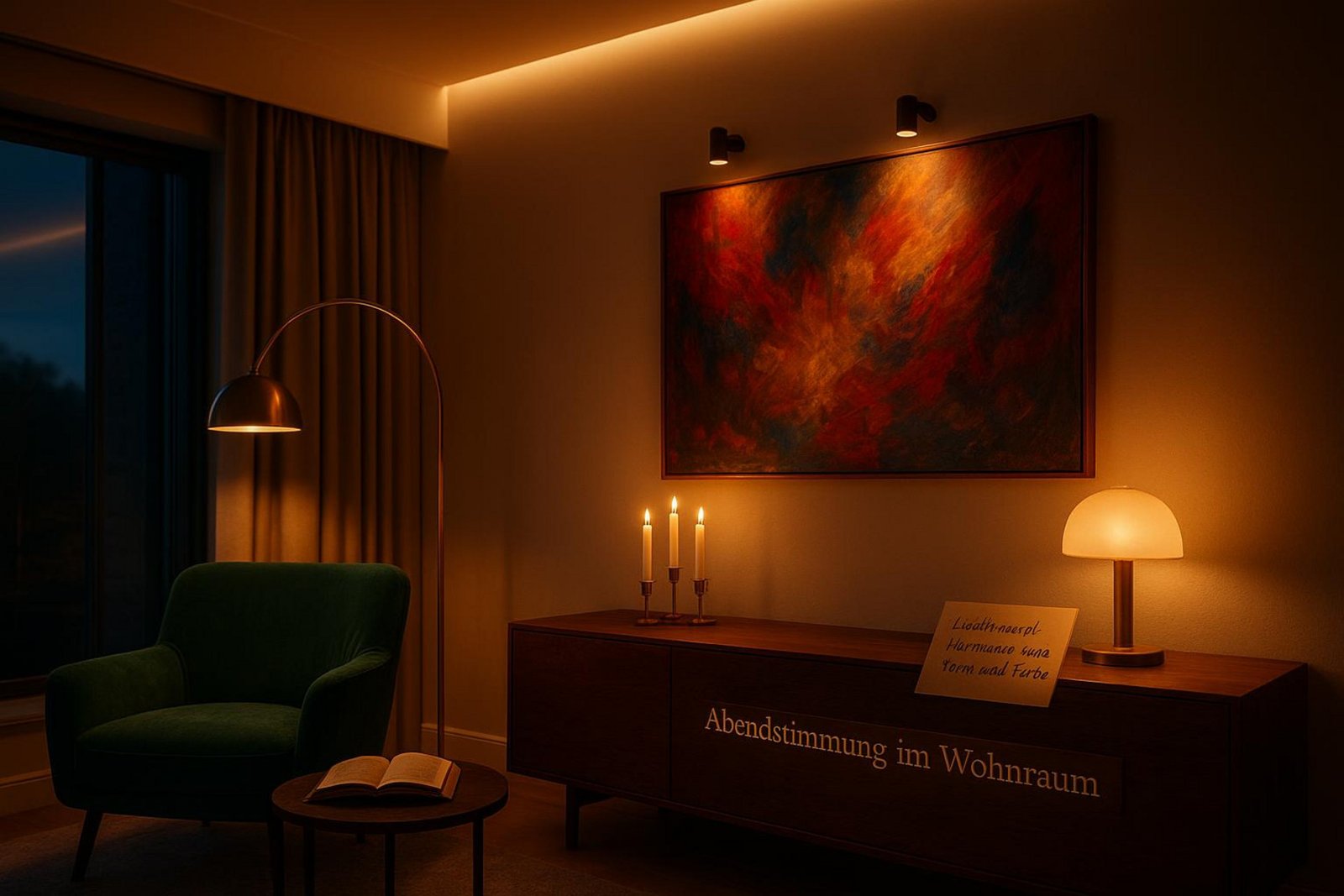Ein stilvolles Wohnzimmer bei Abenddämmerung mit warmem indirektem Licht und eleganten Beleuchtungselementen schafft eine gemütliche Atmosphäre.