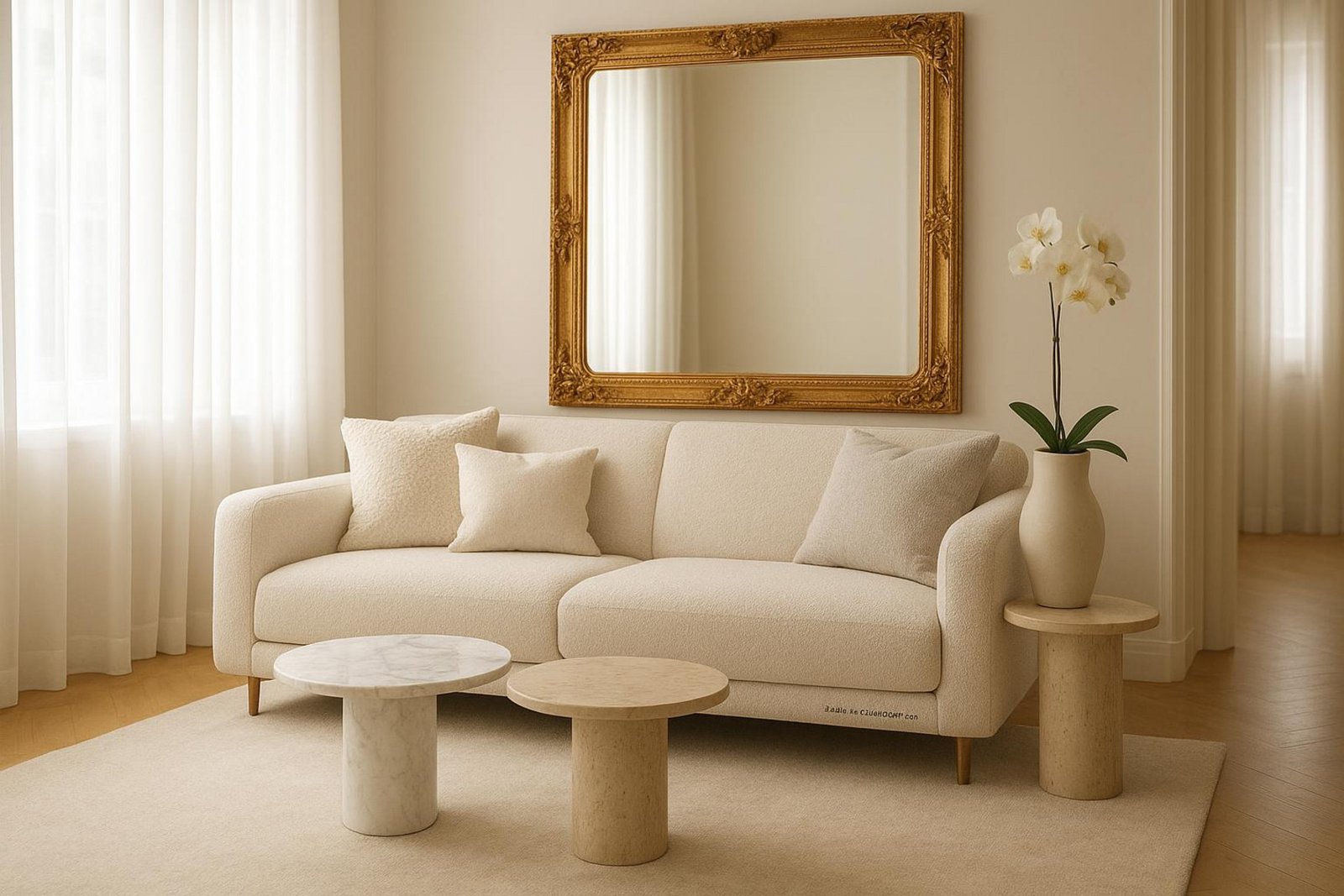 Ein elegantes kleines Wohnzimmer mit hellem Design und luxuriösen Details vermittelt ein Gefühl von Raum und Komfort.