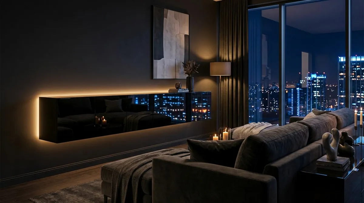 Ein stilvolles Wohnzimmer bei Nacht mit einem schwarzen Hochglanz-TV-Schrank und indirekter Beleuchtung für eine elegante Atmosphäre.