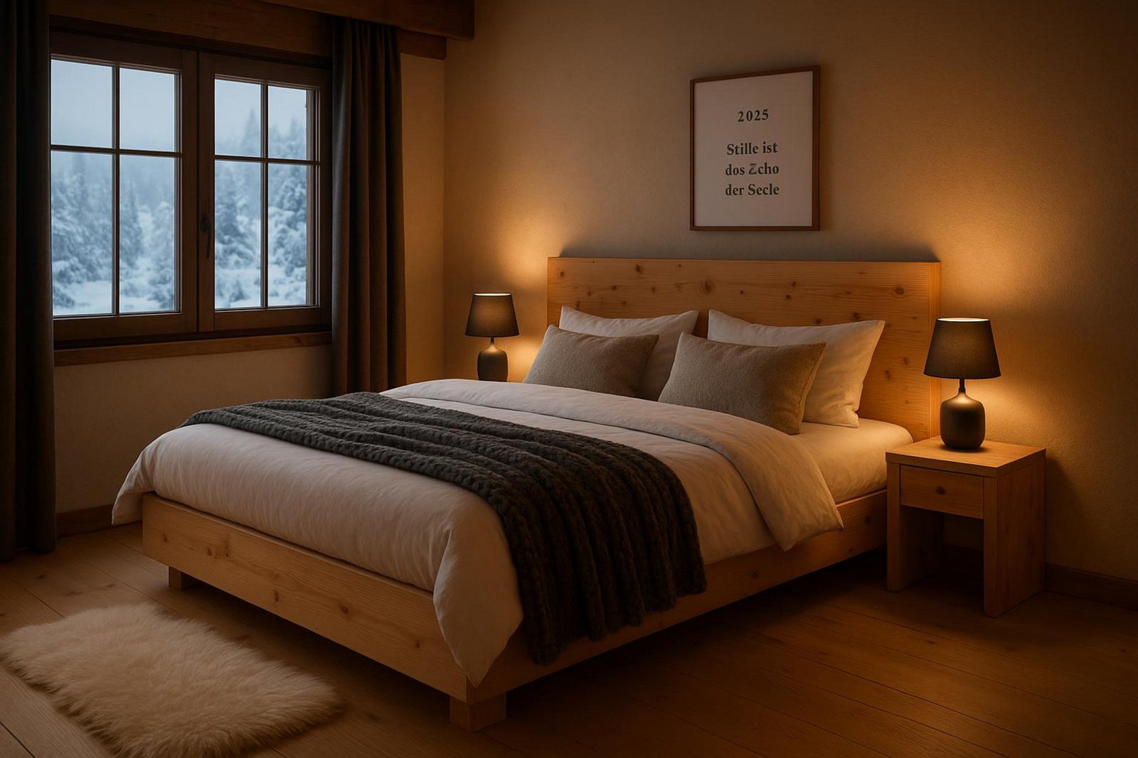 Fotorealistisches Bild eines ruhigen und luxuriösen Chalet-Schlafzimmers mit großem Boxspringbett und rustikalem Zirbenholzkopfteil.