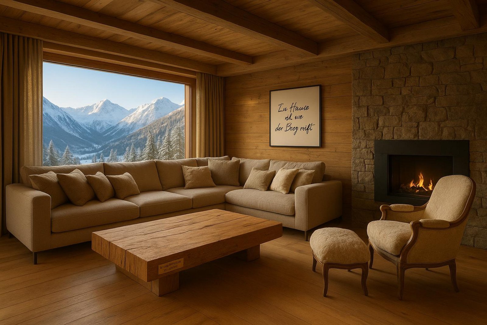 Fotorealistische Weitwinkelaufnahme eines luxuriösen Wohnbereichs in einem Chalet mit großen Fensterblick auf verschneite Berge.