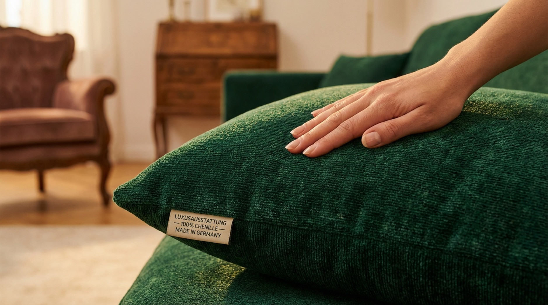 Hand streicht sanft über weichen Samtstoff eines Sofas und vermittelt Luxus und Komfort.