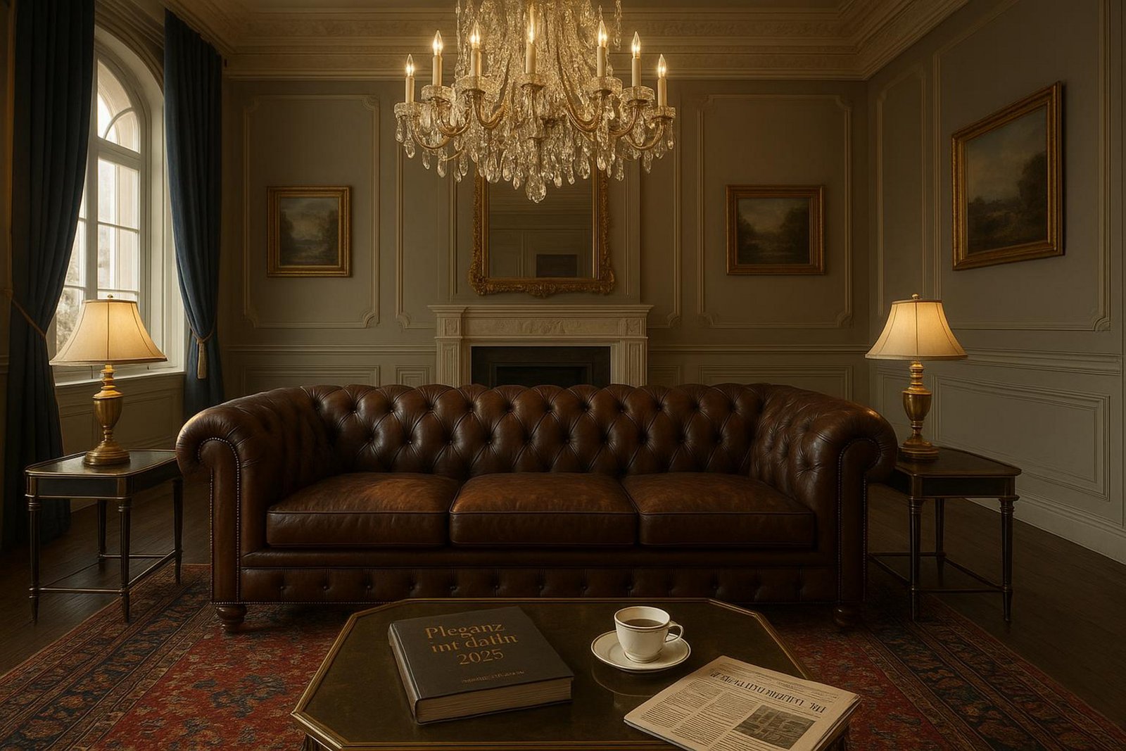 Ein elegantes Luxus-Wohnzimmer mit dunklem Chesterfield-Sofa und Kristall-Kronleuchter für zeitlose Schönheit.