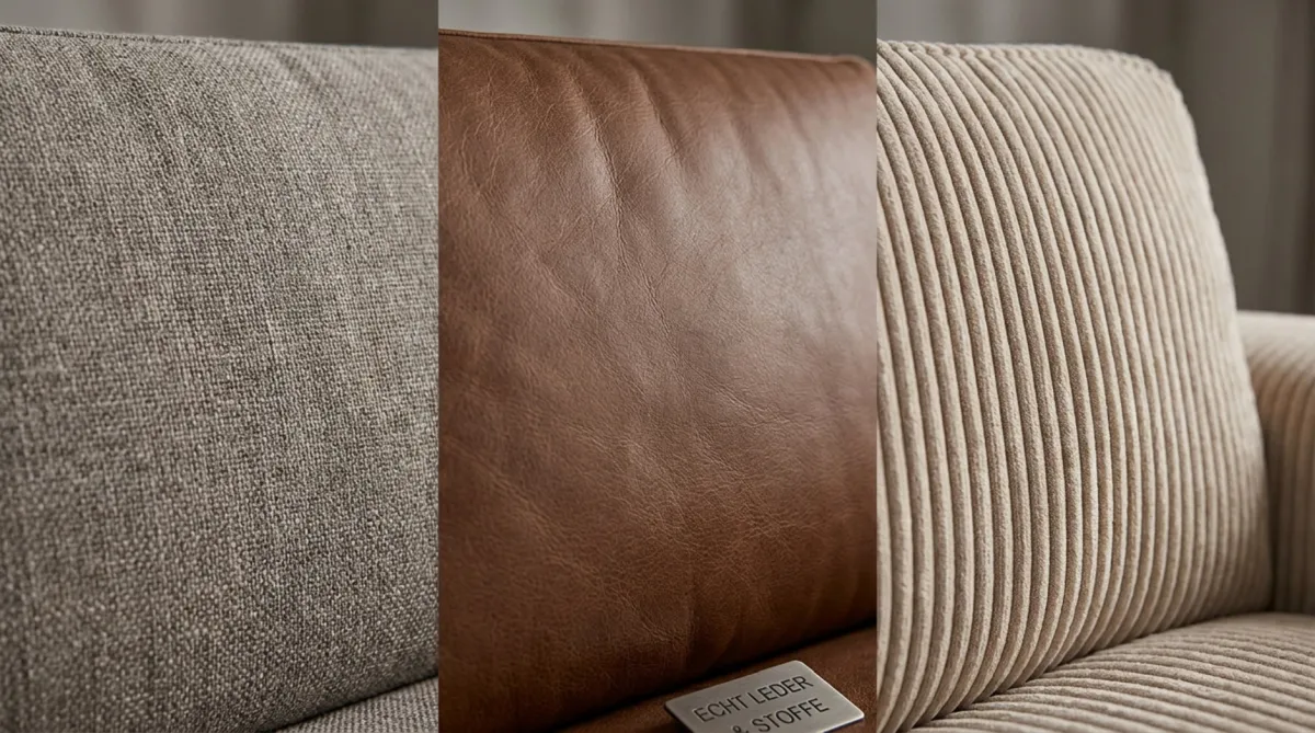 Nahaufnahme verschiedener Polstertexturen für Sofas: Stoff, Leder und Cord