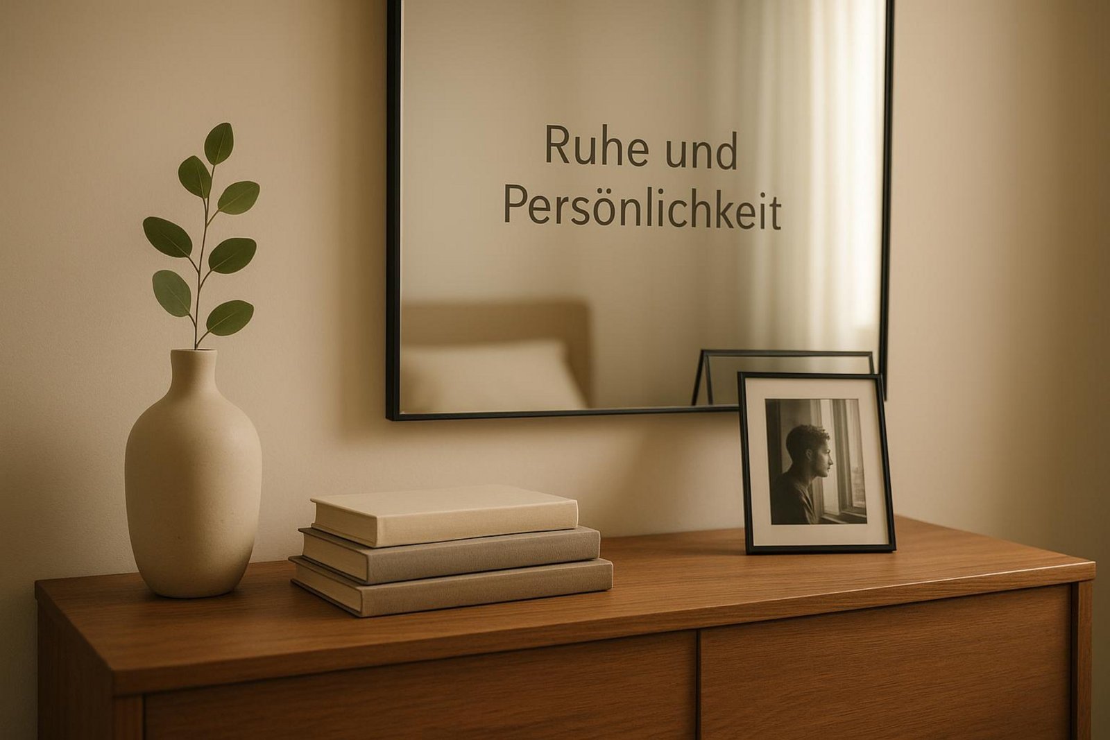 Stilvolle minimalistische Dekoration in einem Schlafzimmer mit Keramikvase, Büchern und Spiegel für eine ruhige Atmosphäre.