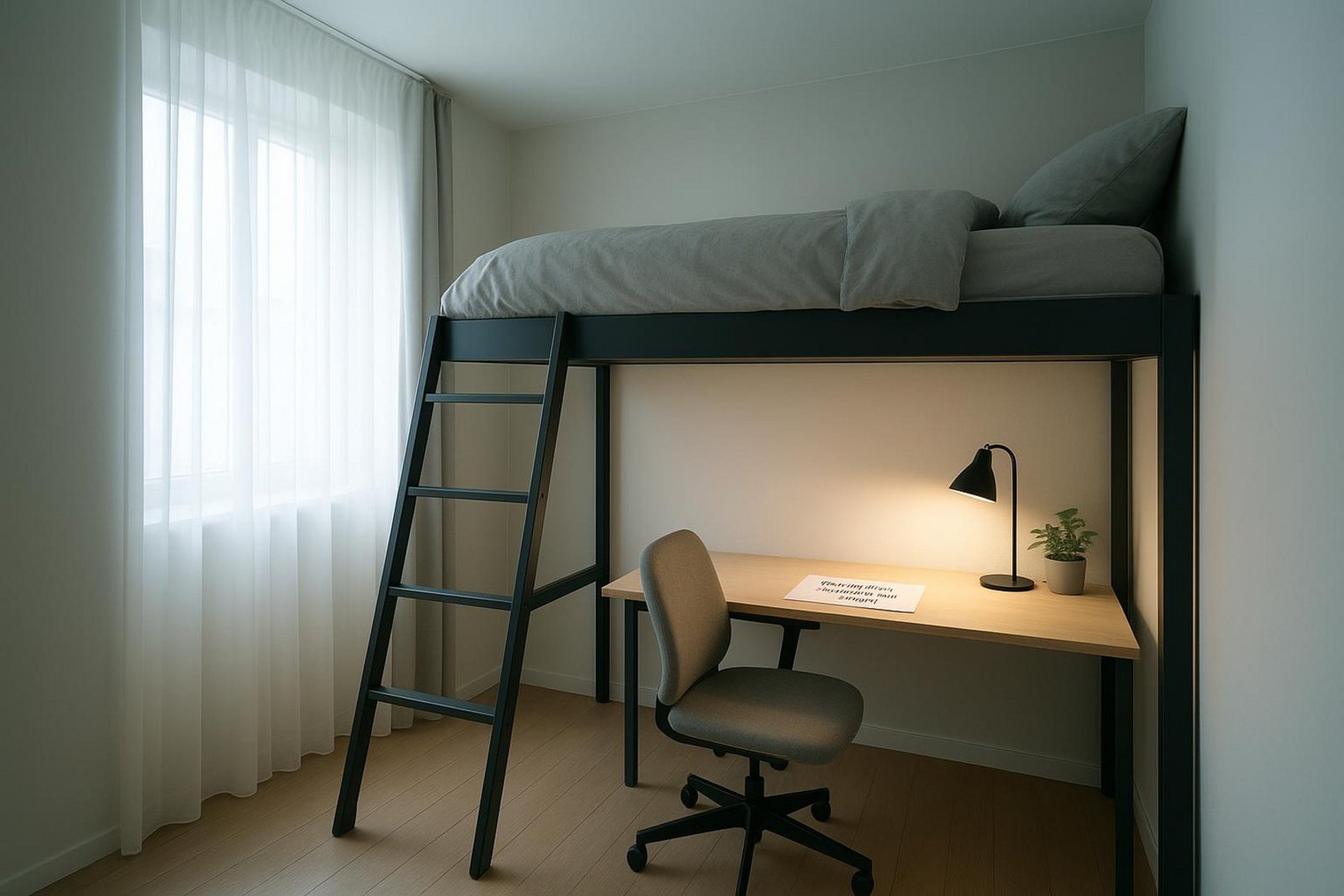 Ein Raum mit Hochbett und Arbeitsbereich, der Raum optimal nutzt und klare Funktionsbereiche schafft.