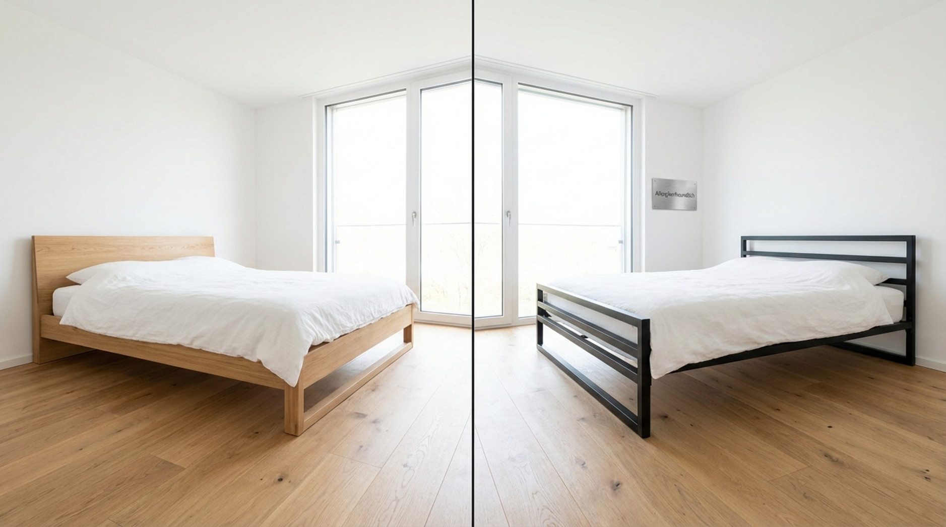 Fotorealistische Darstellung eines minimalistischen Schlafzimmers mit hellem Holz- und schwarzem Metallbettgestell, viel Tageslicht und sauberem Design.