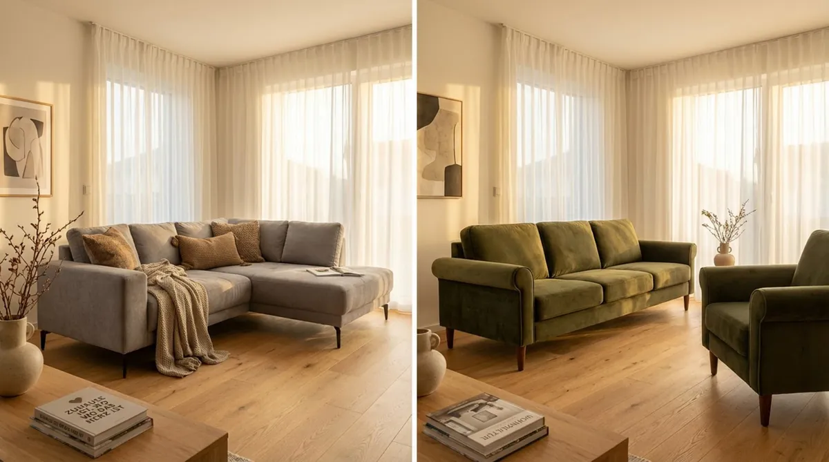 Fotorealistisches Diptychon eines modernen Wohnzimmers mit einer gemütlichen Eckcouch und einer klassischen Couchseite.