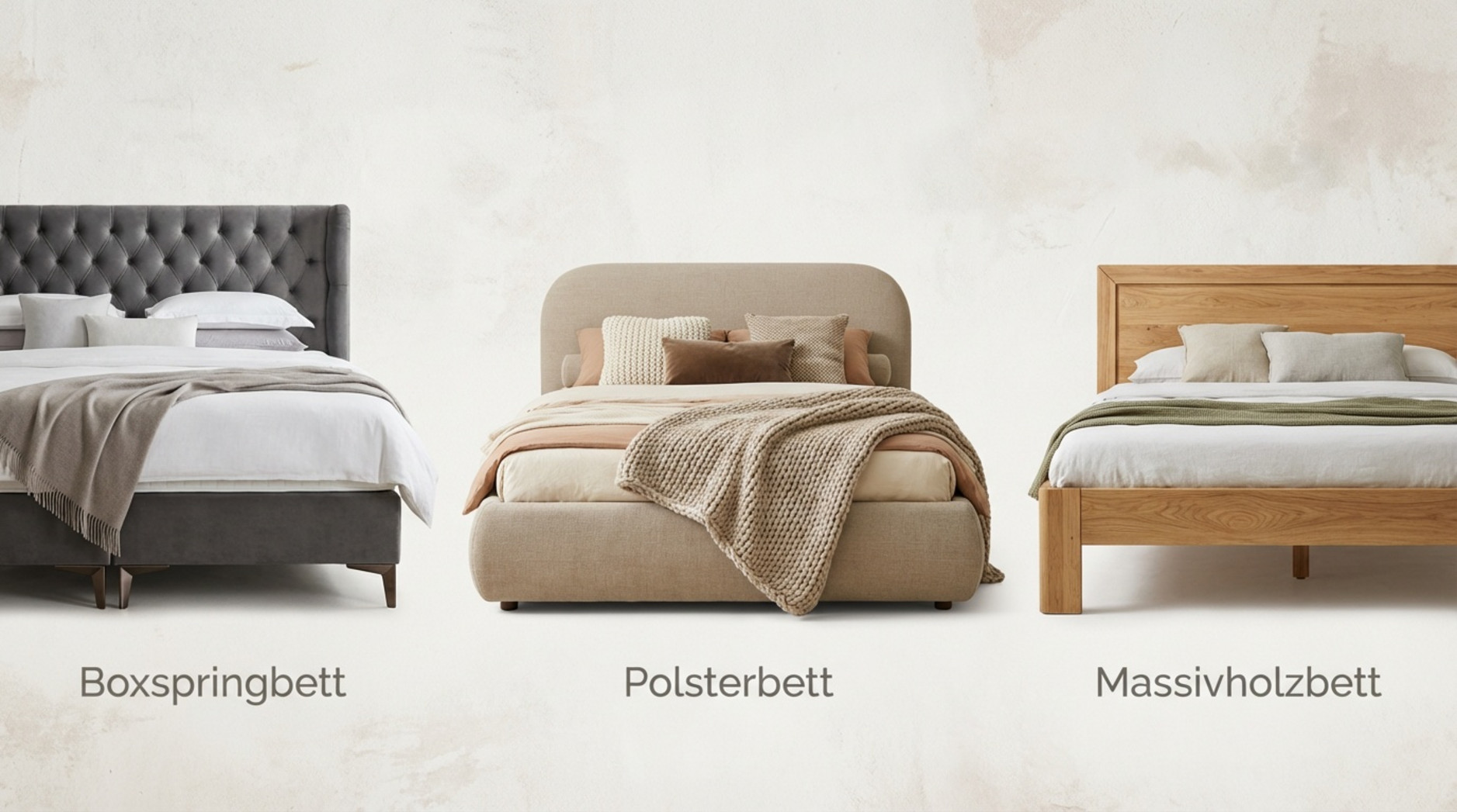 Infografik zeigt drei Bettentypen nebeneinander mit Beschriftung: luxuriöses Boxspringbett, gemütliches Polsterbett und robustes Massivholzbett.