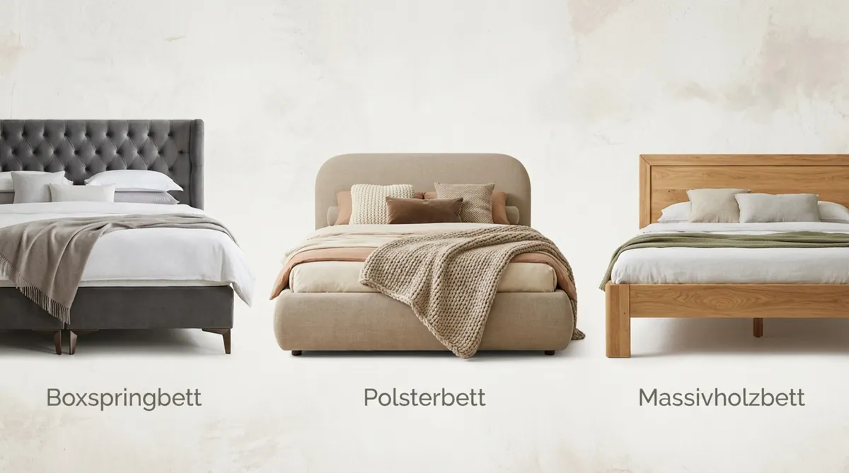 Infografik zeigt drei Bettentypen nebeneinander mit Beschriftung: luxuriöses Boxspringbett, gemütliches Polsterbett und robustes Massivholzbett.