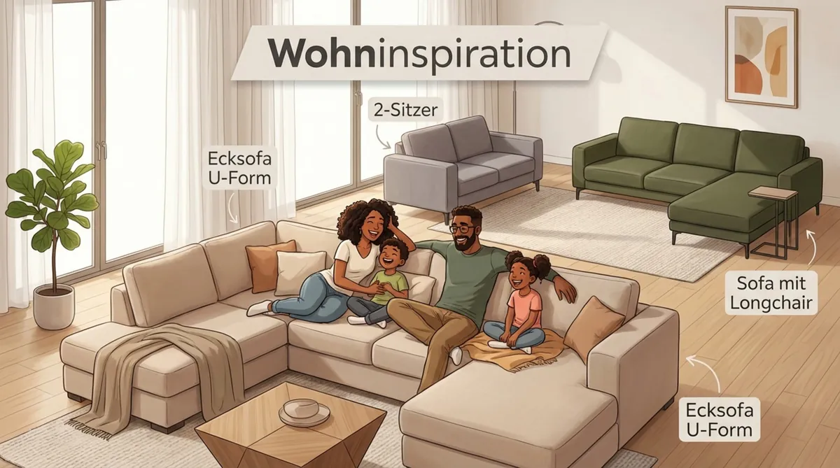 Moderne Illustration zeigt verschiedene Sofatypen in einem gemütlichen Wohnzimmer mit einer Familie auf einem großen Ecksofa.