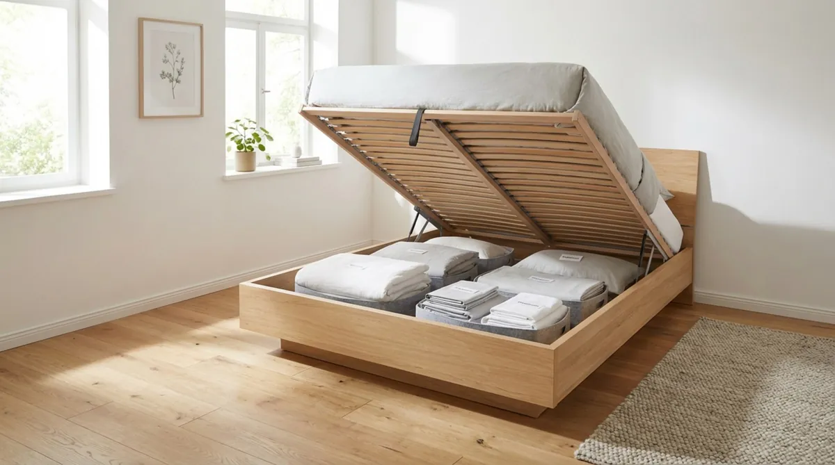 Ein modernes Bett mit Stauraum in einem hellen Schlafzimmer, das Funktionalität und Gemütlichkeit zeigt.