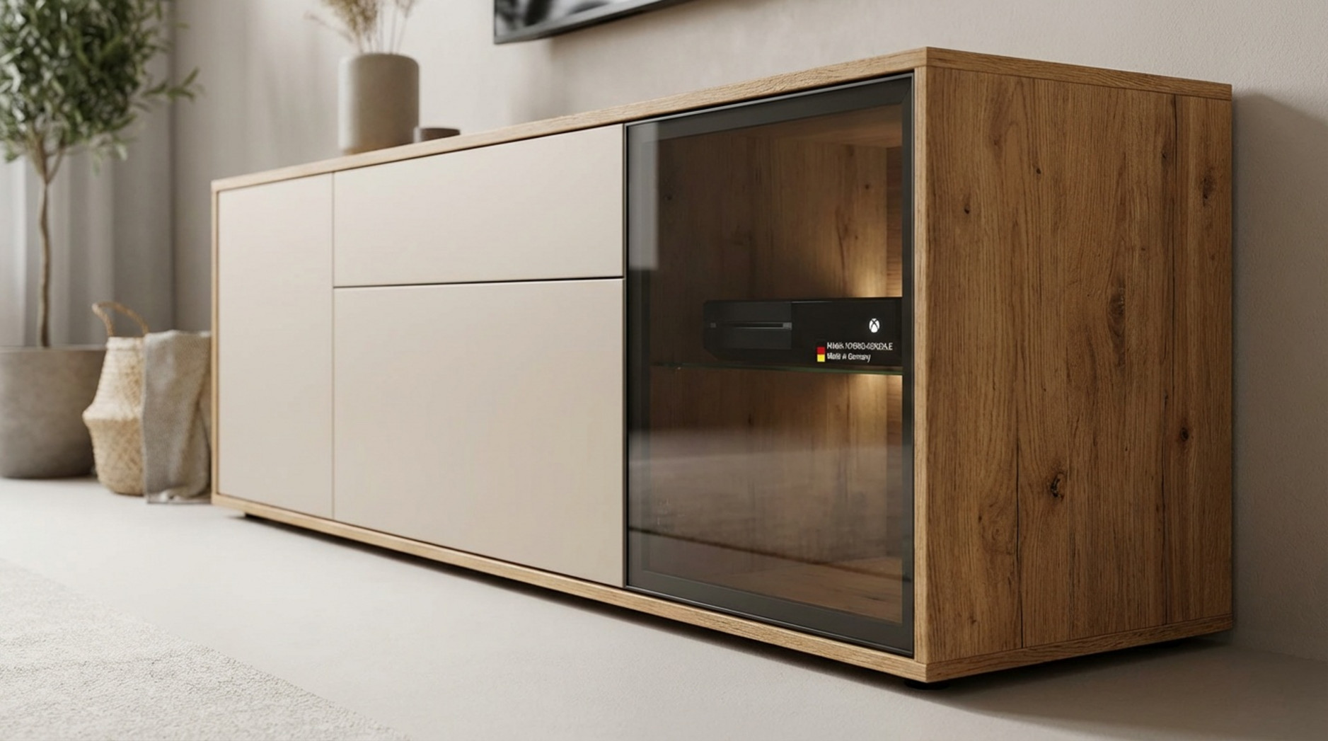 Fotorealistisches Produktbild eines modernen Hybrid-TV-Schranks mit Eiche-Optik und grifflosen Kaschmir-Ton Fronten, inklusive getönter Glastür mit beleuchteter Spielekonsole im Inneren.