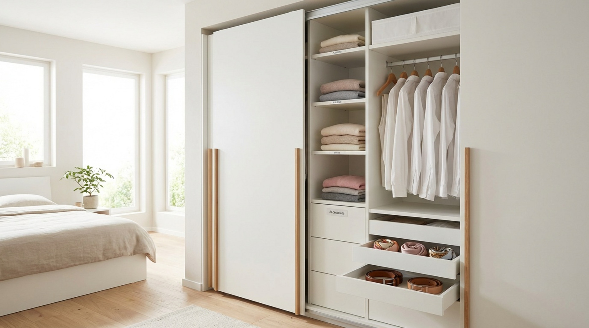 Ein moderner, aufgeräumter Schwebetürenschrank mit offenem Tür zeigt ein gut organisiertes Inneres mit gefalteten Pullovern und Hemden auf Kleiderbügeln.