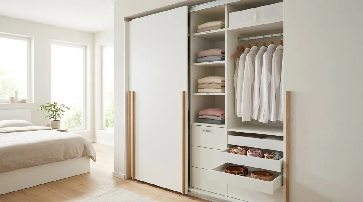 Ein moderner, aufgeräumter Schwebetürenschrank mit offenem Tür zeigt ein gut organisiertes Inneres mit gefalteten Pullovern und Hemden auf Kleiderbügeln.