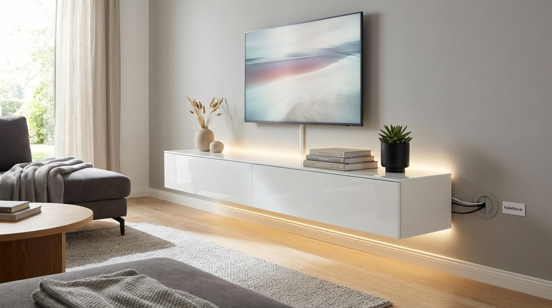Fotorealistische Darstellung eines modernen Wohnzimmers mit schwebendem weißen Lowboard und indirekter Beleuchtung.