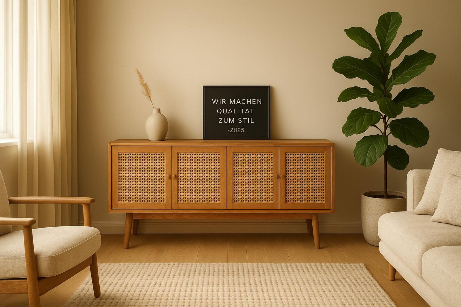 Ein stilvolles modernes Wohnzimmer mit Wiener Geflecht Möbeln und hellem, luftigen Ambiente.