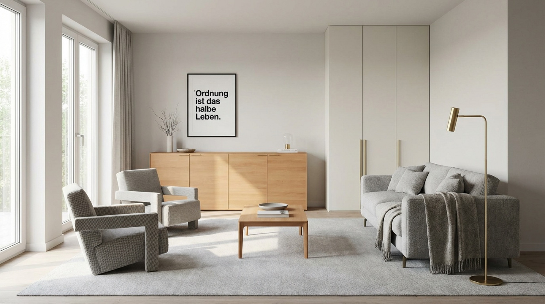Ein modernes Wohnzimmer mit stilvollem geschlossenen Sideboard und hohem Schrank für aufgeräumte Eleganz.
