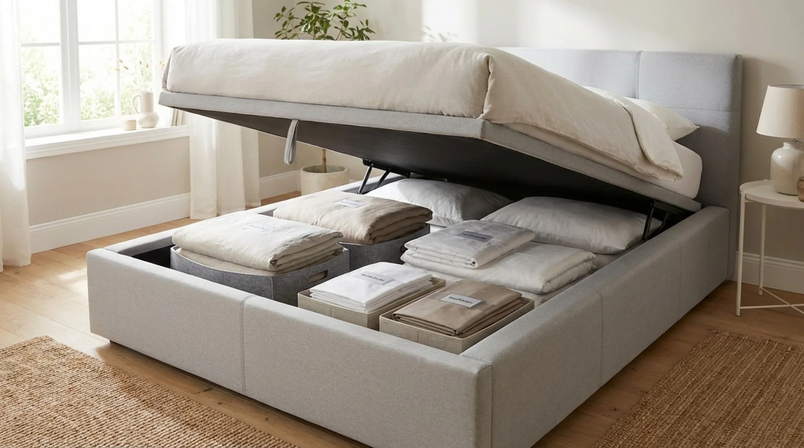 Ein modernes Polsterbett mit hochgeklappter Matratze zeigt den offenen Bettkasten mit ordentlich gefalteter Bettwäsche. Das Bild hebt die Funktionalität und den Stauraum des Möbels hervor.