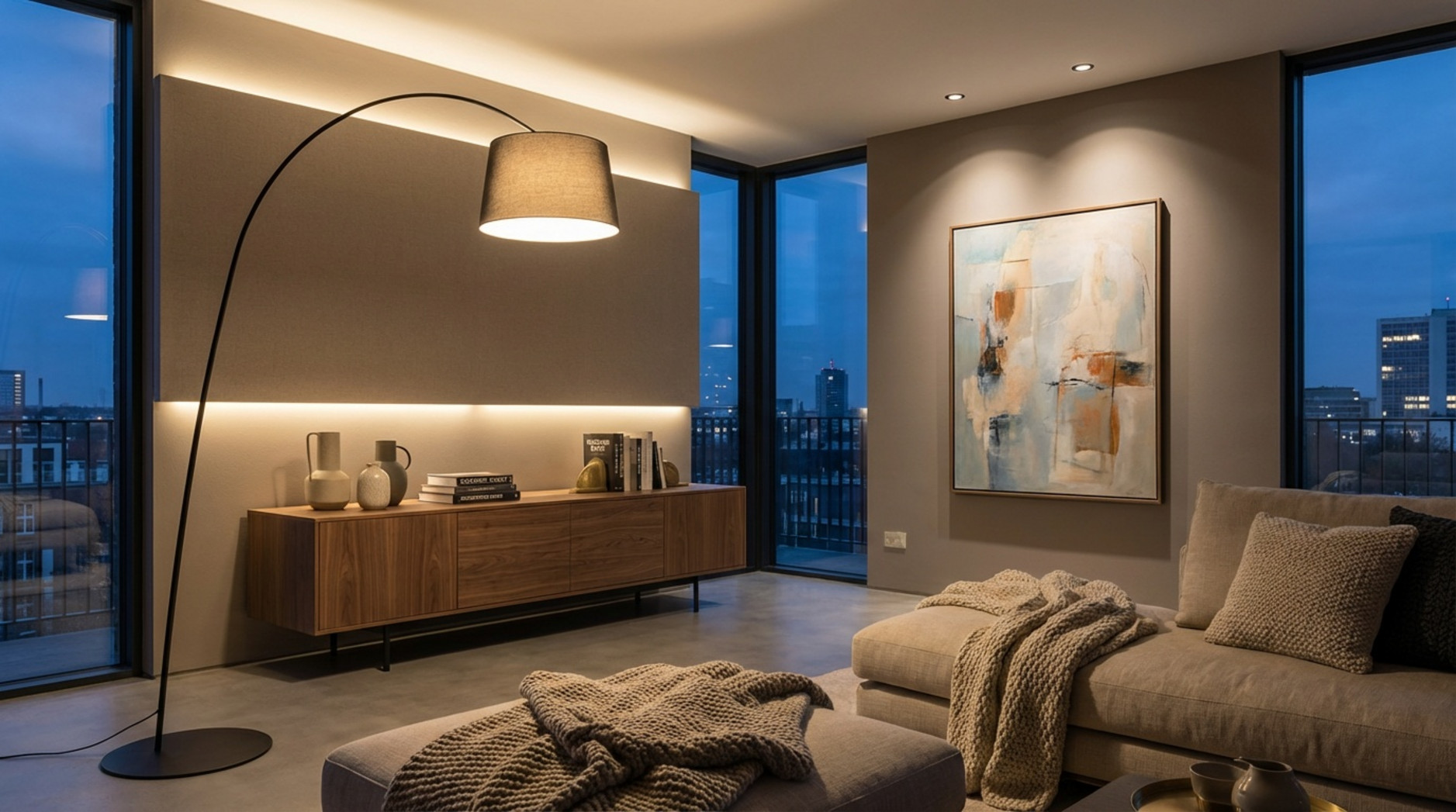 Ein modernes Wohnzimmer bei Abenddämmerung mit durchdachtem Lichtkonzept und eleganten Beleuchtungselementen.