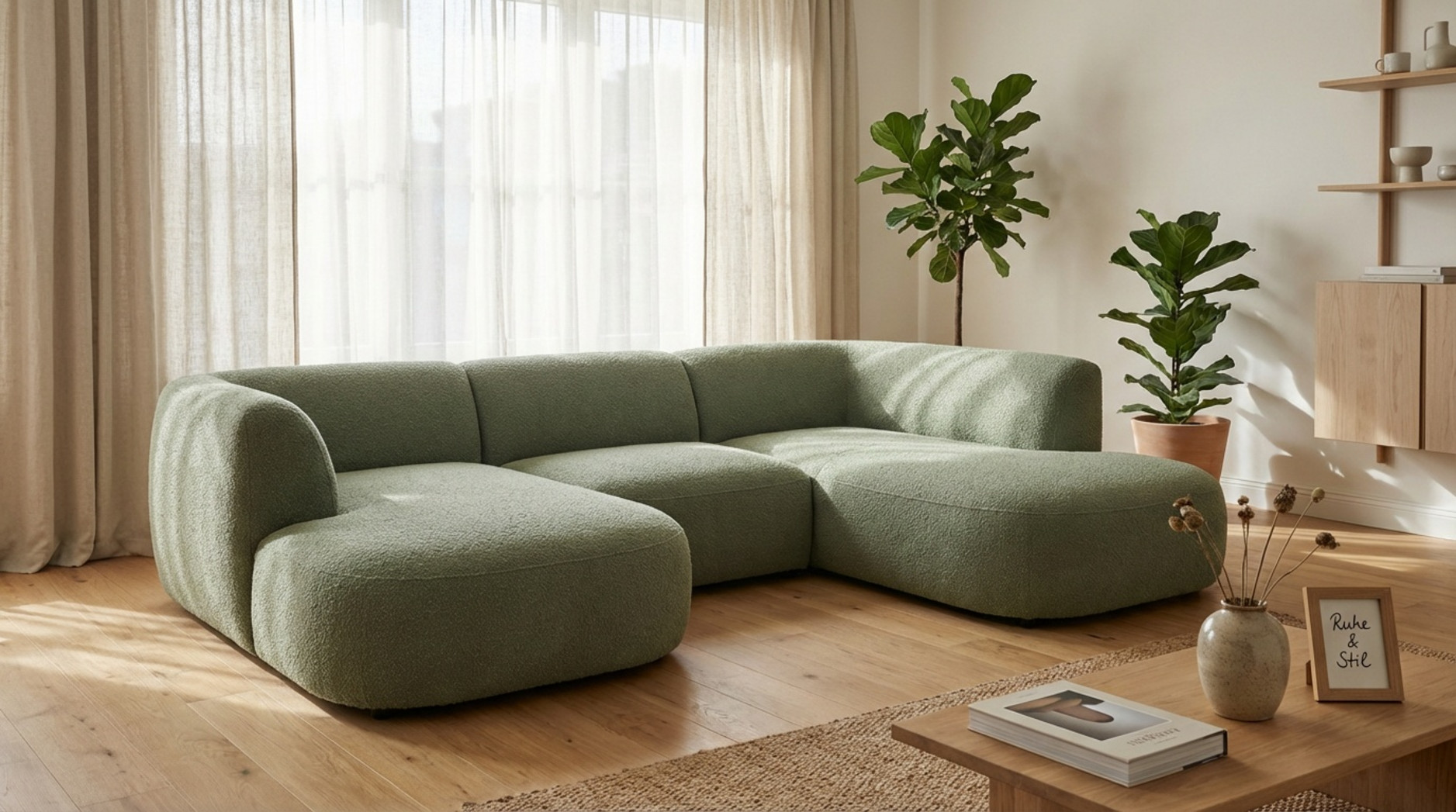 Fotorealistisches Bild eines modernen modularen Ecksofas im Japandi-Stil mit weichen Formen und Bouclé-Stoff in Salbeigrün in einem minimalistischen Wohnzimmer.