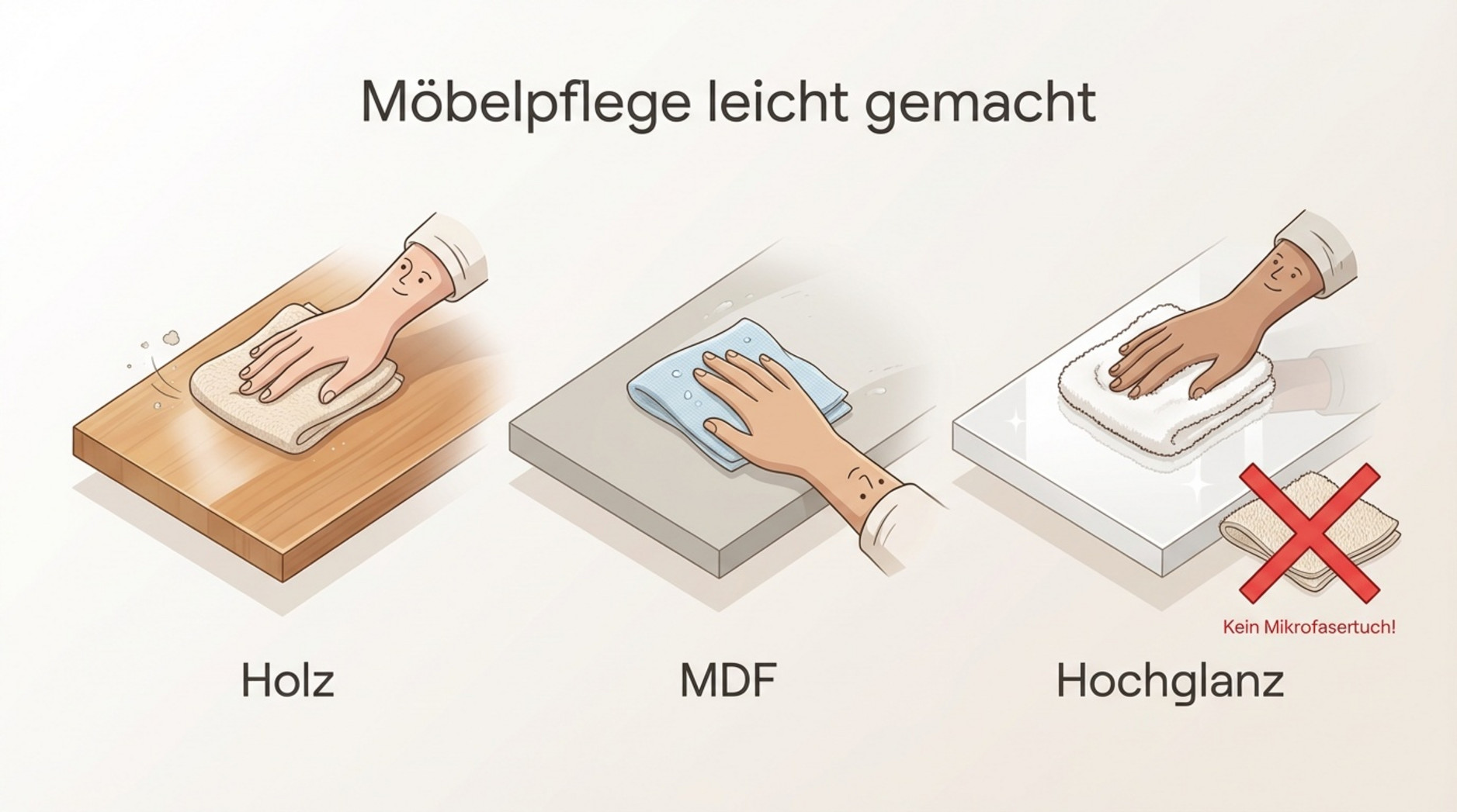 Infografik zeigt die richtige Möbelpflege mit drei stilisierten Bildern: Holz, MDF und Hochglanzoberfläche.