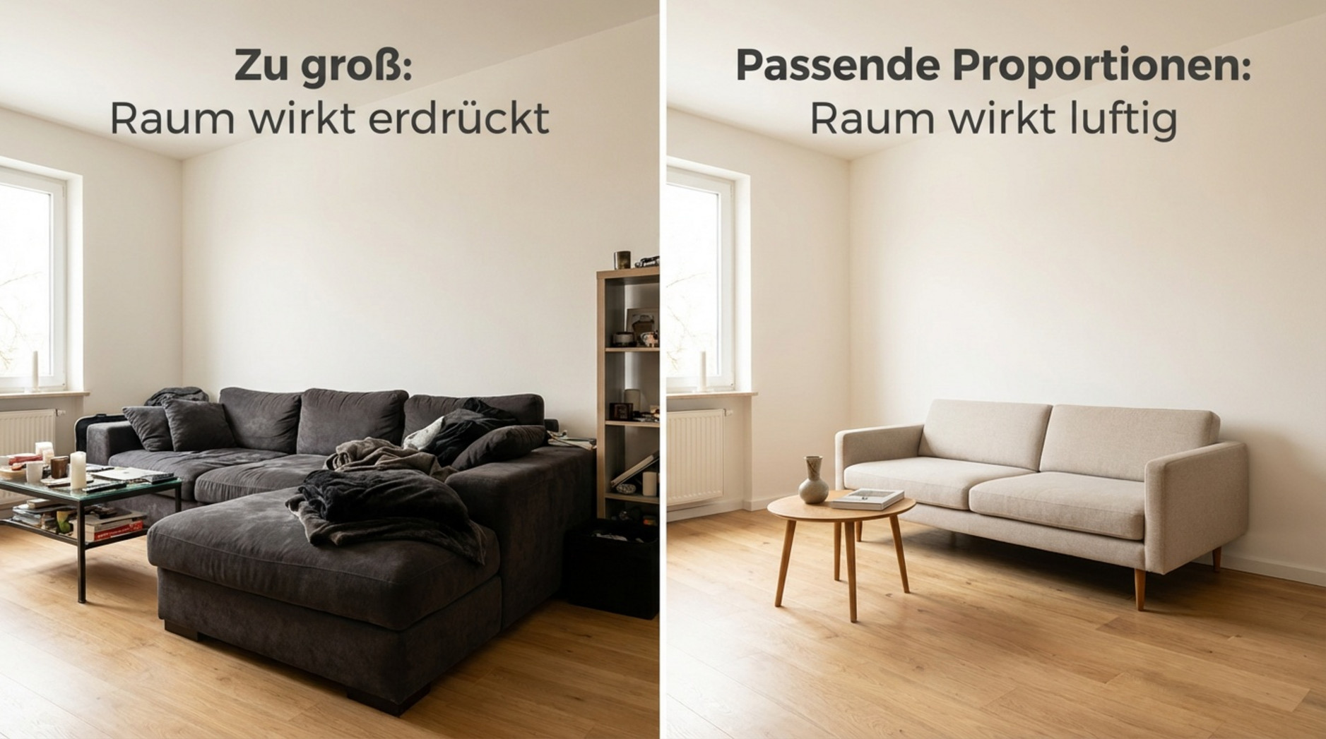 Zwei Bilder zeigen einen Raum mit unterschiedlicher Möbelauswahl, um Proportionen zu verdeutlichen. Das erste Bild hat eine große, dominante Couch, das zweite ein filigranes Sofa, das den Raum größer wirken lässt.
