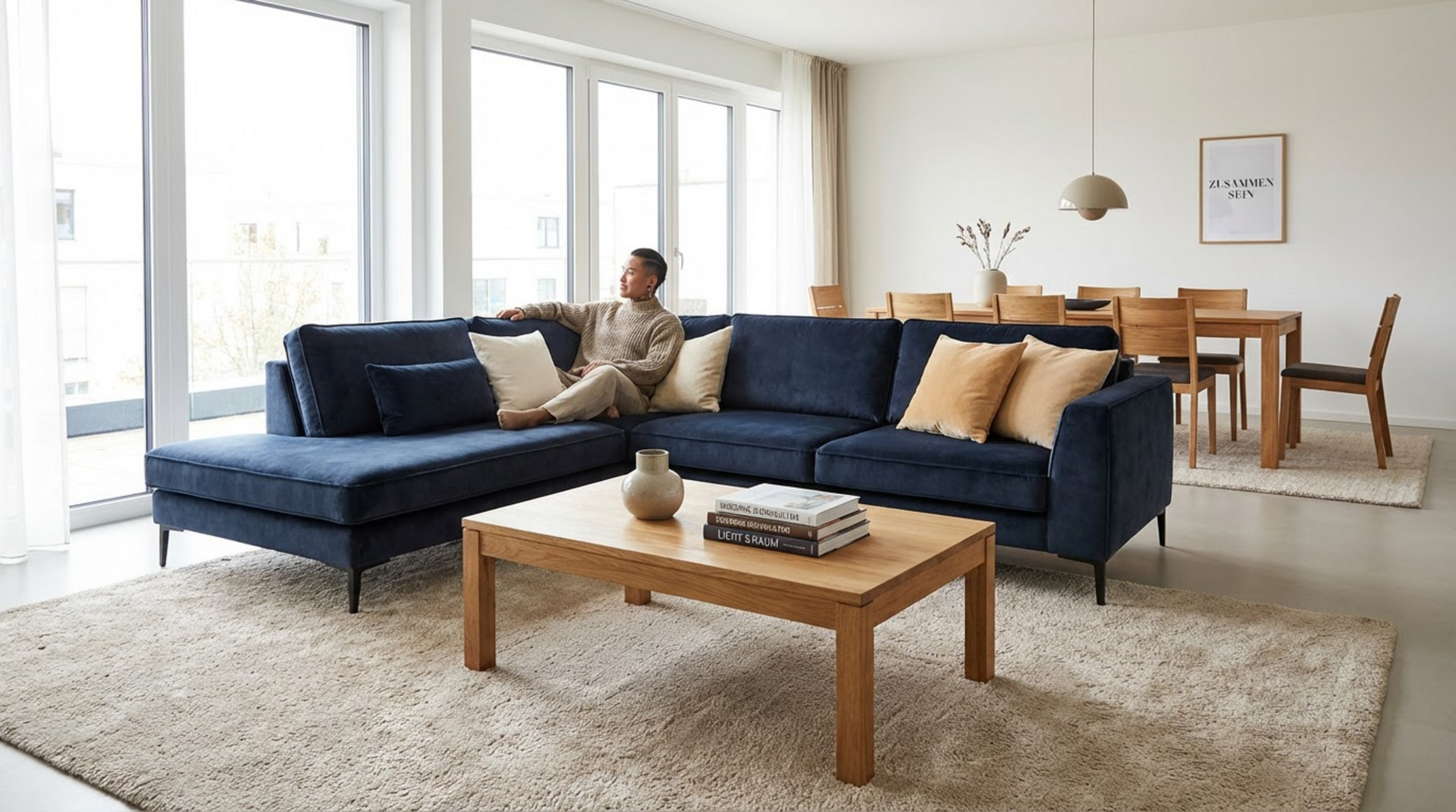 Fotorealistische Darstellung eines offenen Wohn- und Essbereichs mit einem dunklen blauen Ecksofa als Raumteiler und gemütlicher Atmosphäre.