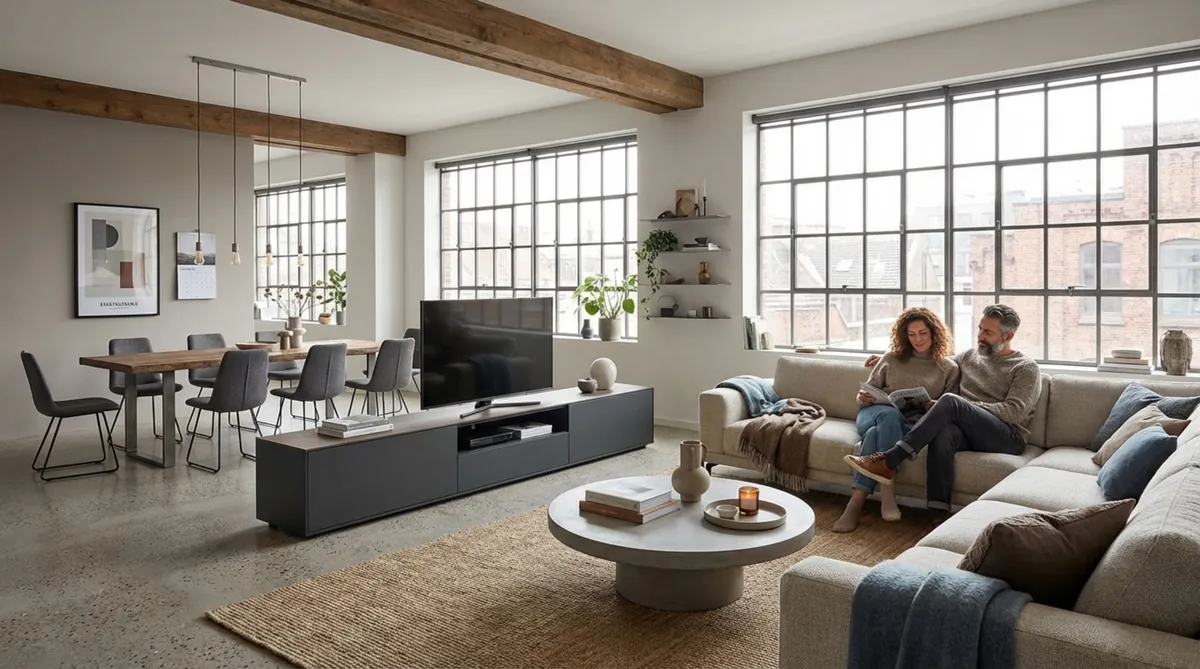 Ein fotorealistischer Blick auf ein offenes Loft mit modernem Raumteiler zwischen Wohn- und Essbereich.
