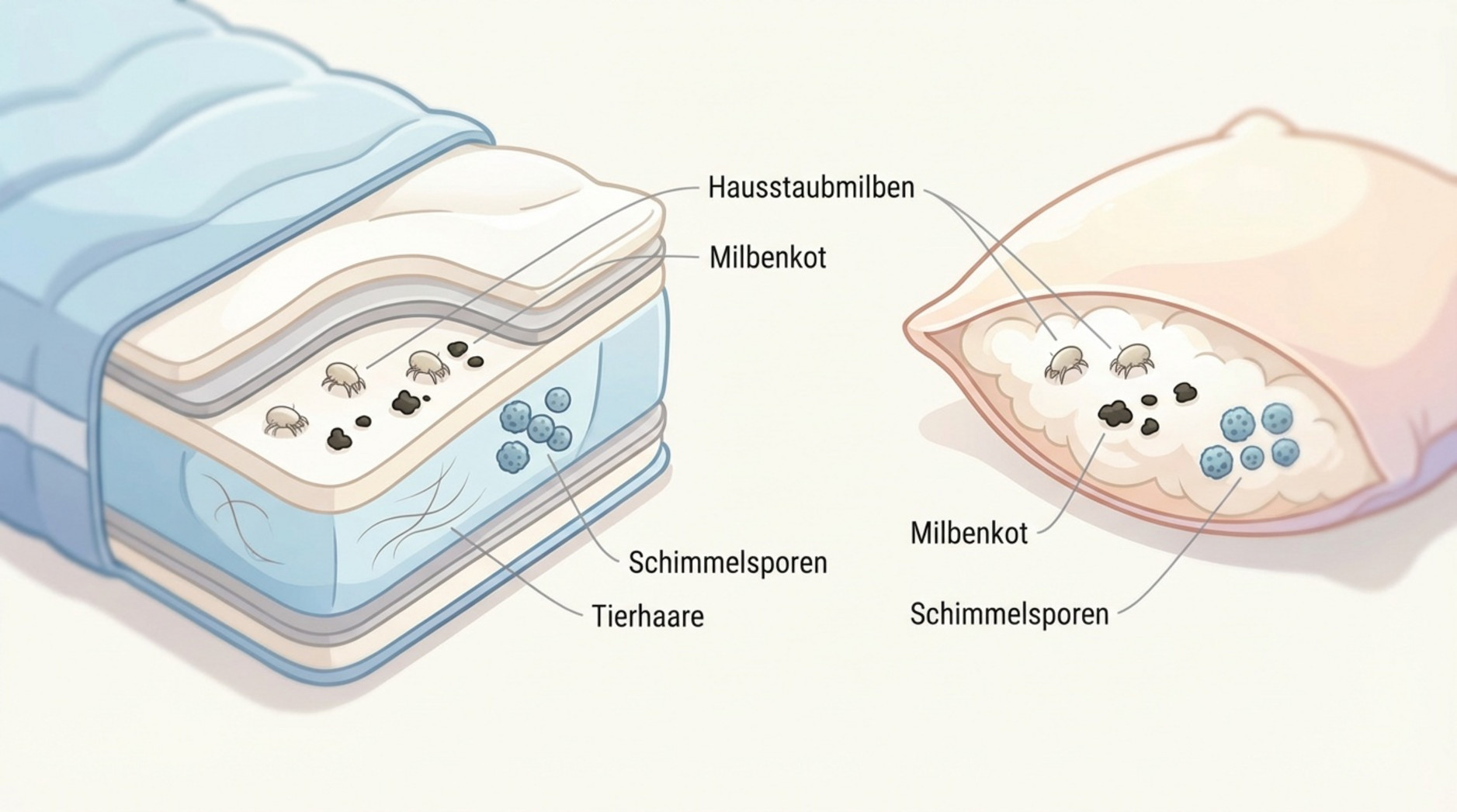 Vergrößerter Querschnitt einer Matratze und eines Kissens mit Hausstaubmilben, Kot und Schimmelsporen in modernem, freundlichem Design.