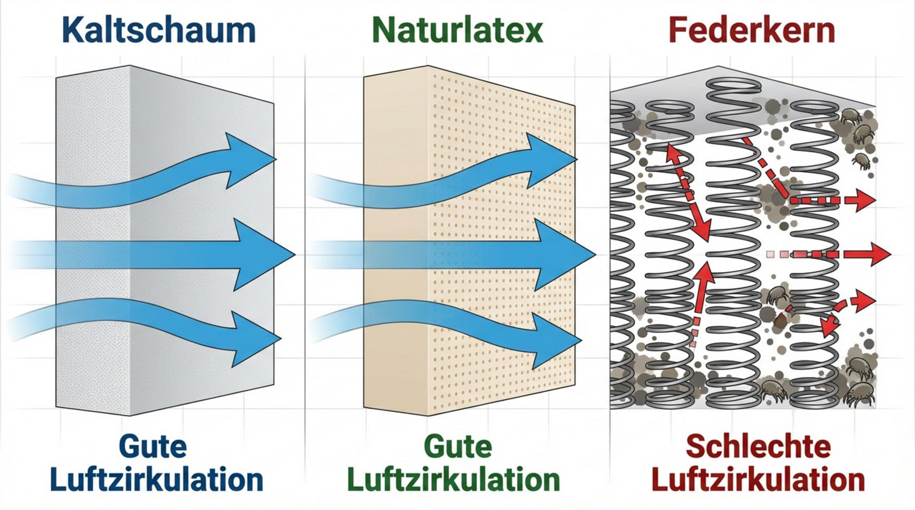 Vergleichende Darstellung der Querschnitte von Kaltschaum, Naturlatex und Federkernmatratzen mit Fokus auf Struktur und Luftzirkulation.