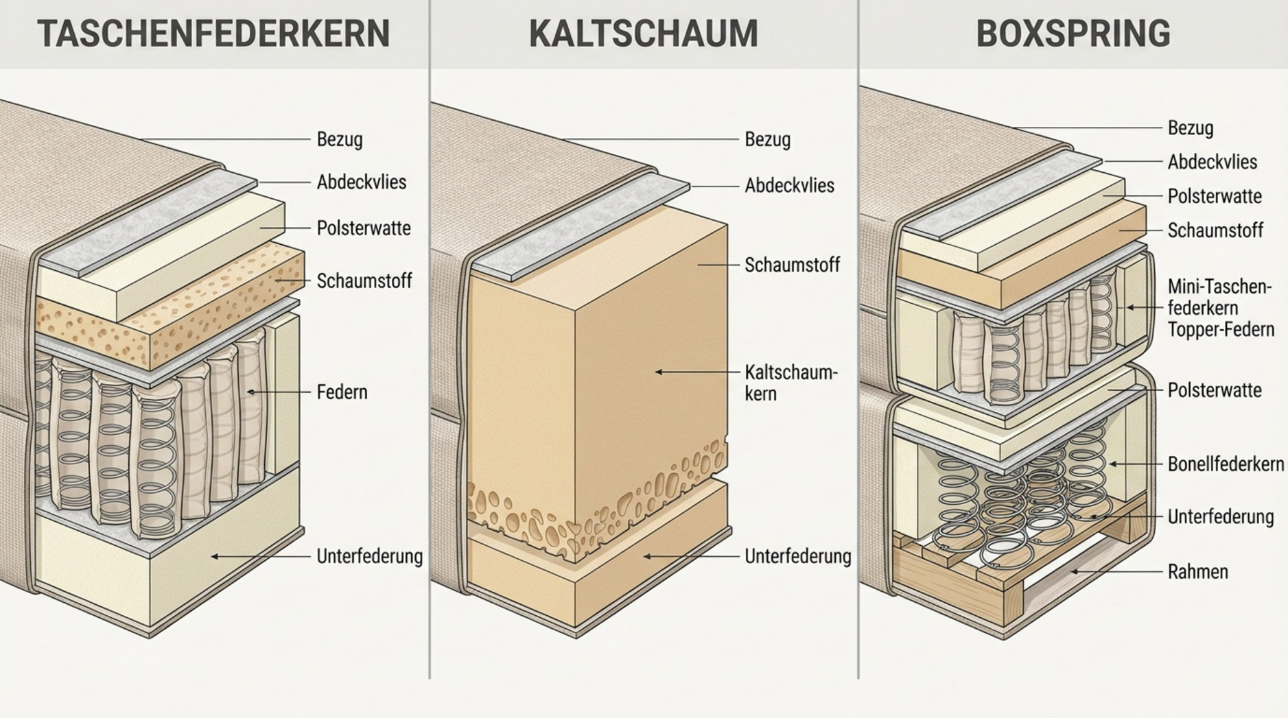 Detaillierte technische Querschnitts-Illustration vergleich drei Polsterungsarten mit Beschriftungen und Strukturdarstellung.