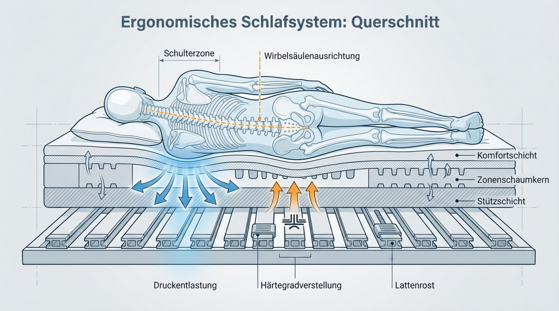 Technische Querschnitt-Ansicht eines Schlafsystems mit Matratze und Lattenrost, zeigt Druckentlastung und Unterstützung im Schulter- und Lendenbereich.