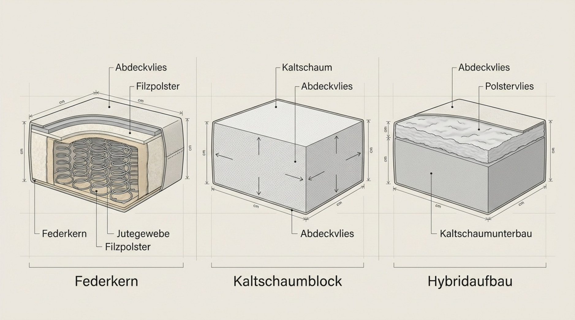 Detaillierte Querschnitt-Illustration eines Sofapolsters mit drei Polsterungsarten nebeneinander.