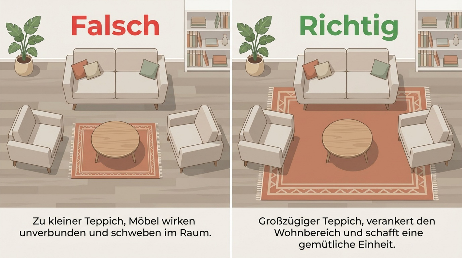 Infografik aus der Vogelperspektive zeigt die richtige Teppichgröße mit einer gemütlichen Wohninsel im Vergleich zu einer zu kleinen Version.