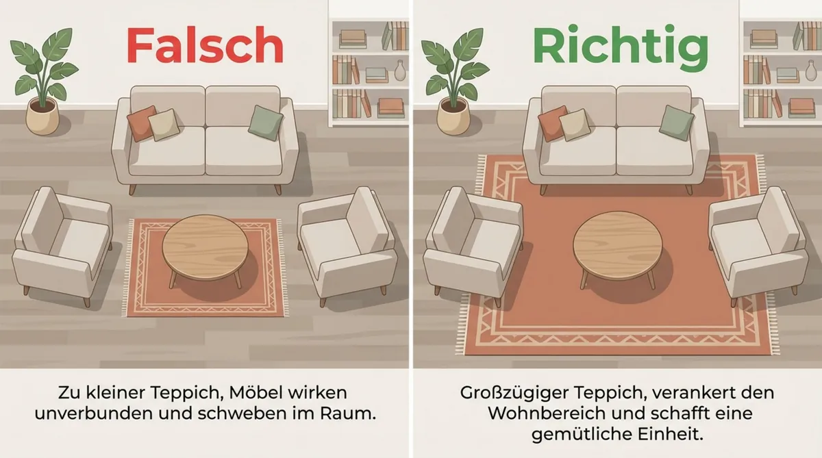 Infografik aus der Vogelperspektive zeigt die richtige Teppichgröße mit einer gemütlichen Wohninsel im Vergleich zu einer zu kleinen Version.
