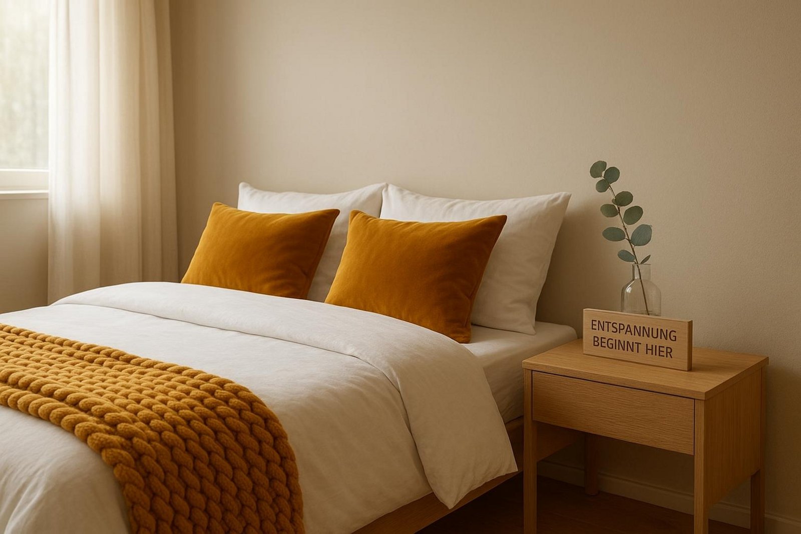 Ein modernes Schlafzimmer mit weißen Bettwäsche und kurkumafarbenen Kissen schafft eine ruhige und entspannte Atmosphäre.