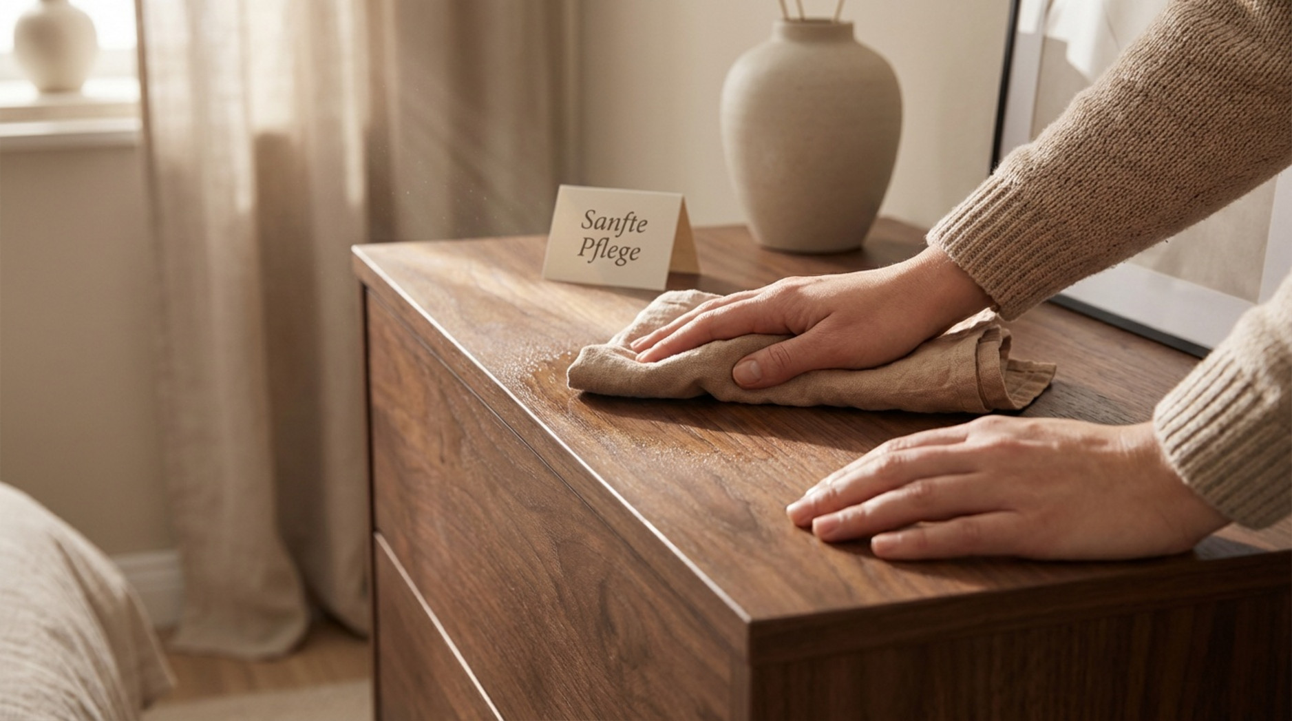 Makroaufnahme einer Person, die Möbelöl in die Eichenholzmaserung einarbeitet, um die Farbe zu vertiefen und das Holz zu pflegen.