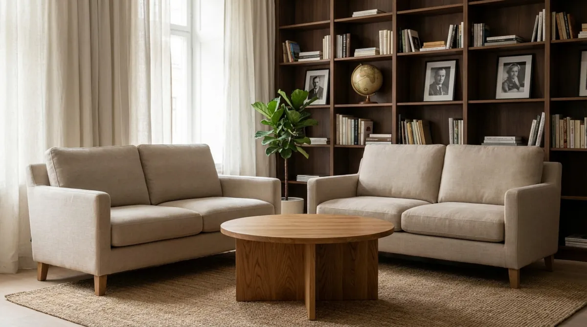 Ein stilvolles Wohnzimmer mit zwei beigen Sofas, einem runden Holztisch und einer Bücherwand im Hintergrund.