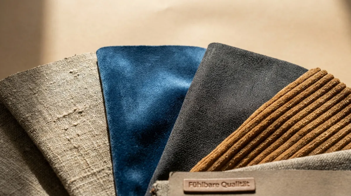 Nahaufnahme einer Palette verschiedener Bezugsstoffe für Sofas mit unterschiedlichen Texturen und Mustern.