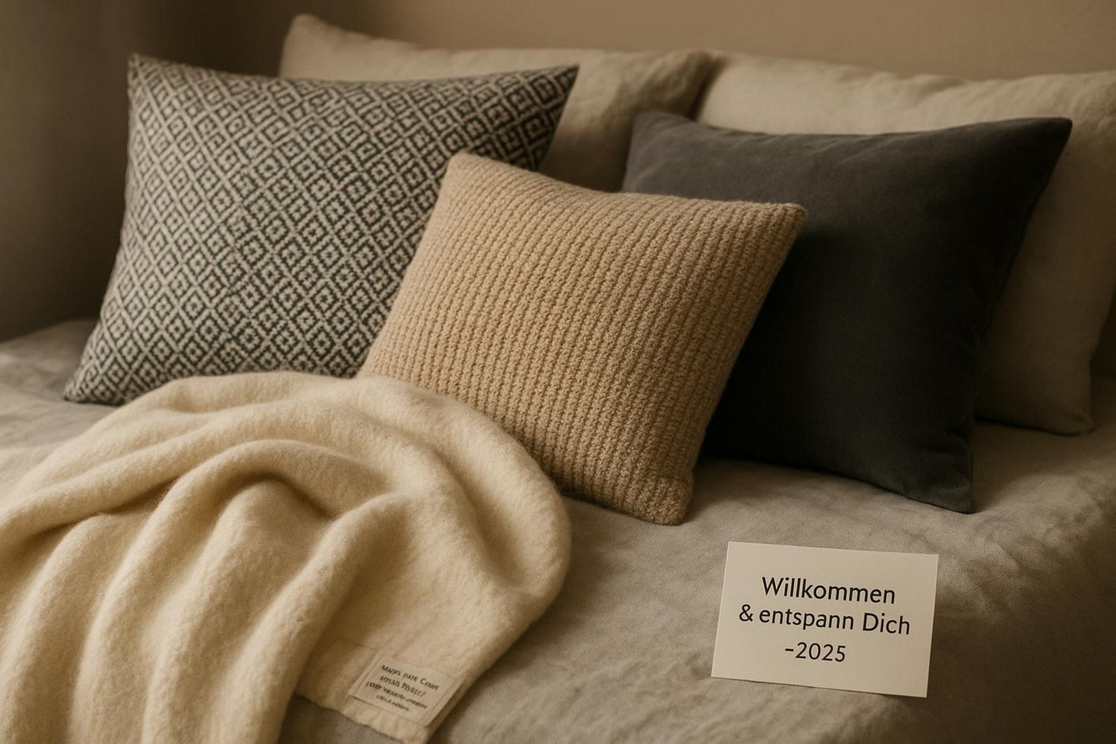 Nahaufnahme von gemütlichen textilen Dekoelementen auf einem skandinavischen Bett mit Kissen und Wolldecke.