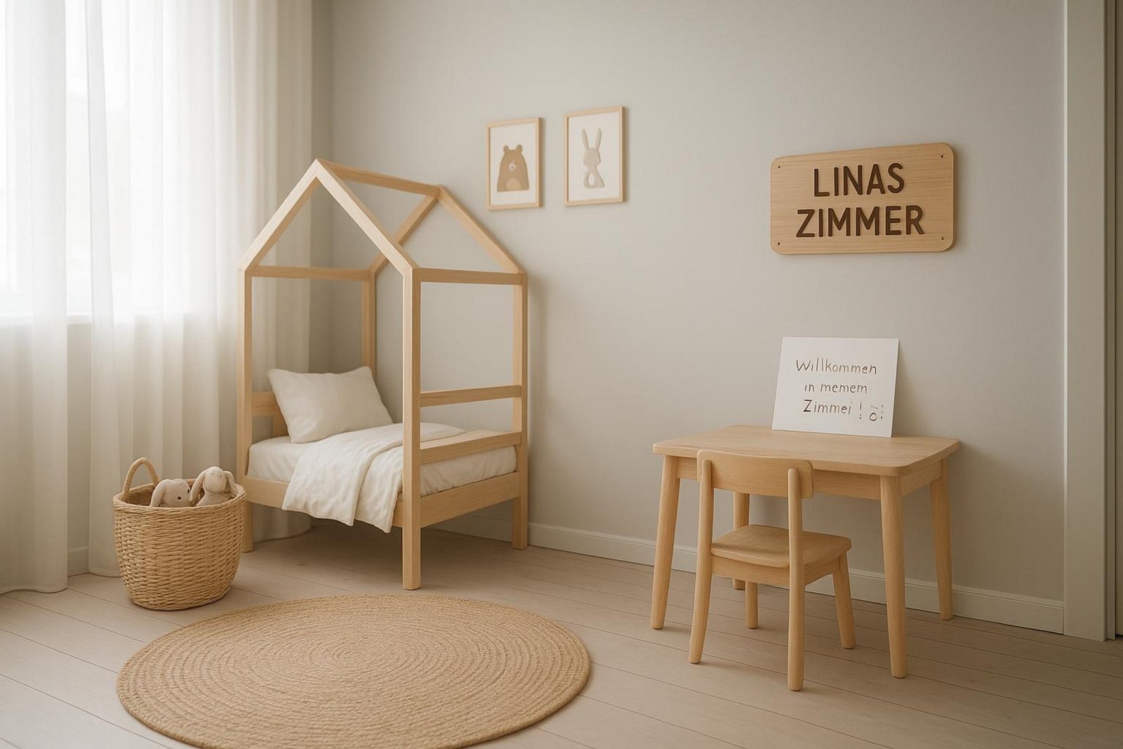 Ein helles und luftiges Kinderzimmer im skandinavischen Stil mit natürlichen Holzmöbeln und gemütlicher Atmosphäre.