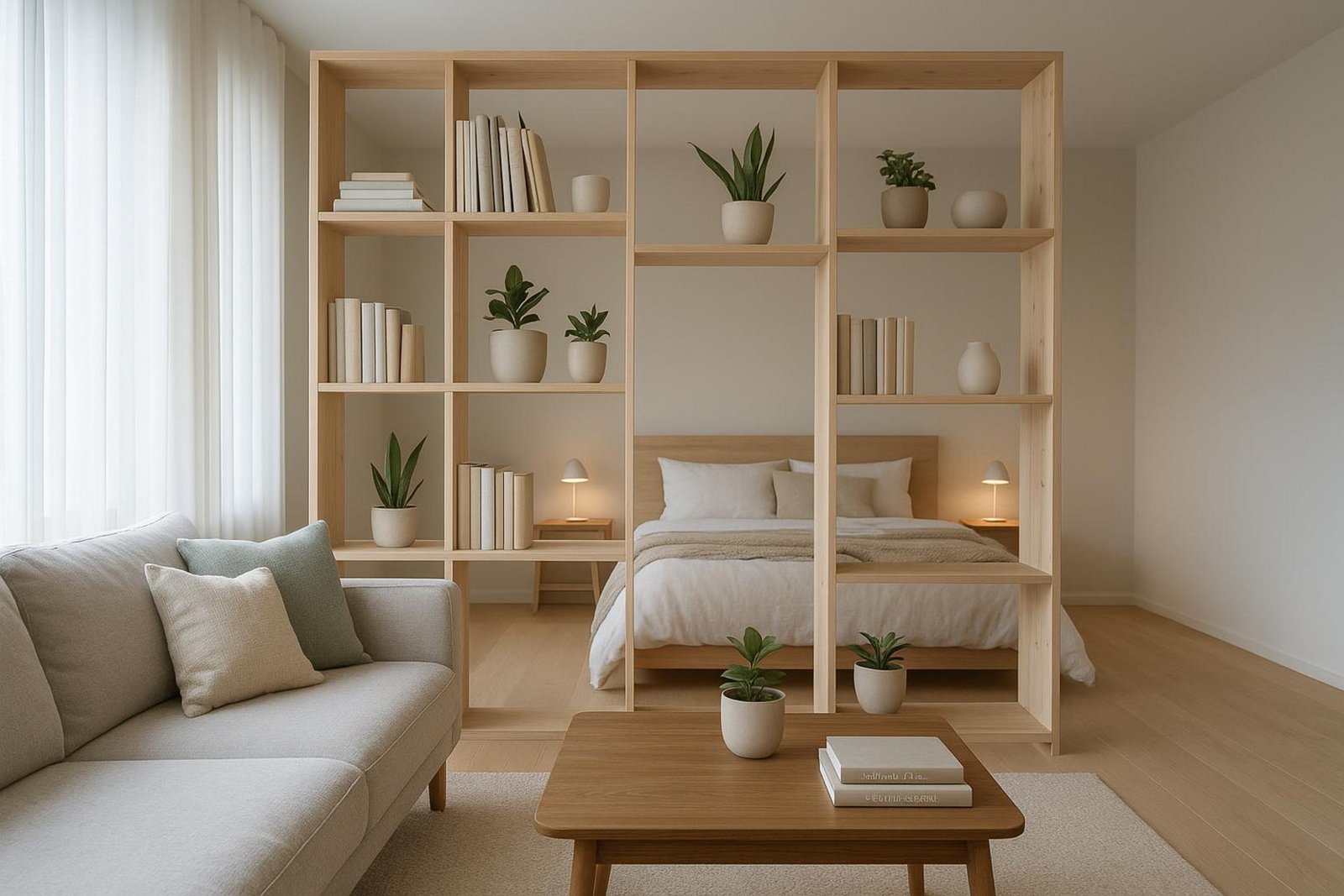 Helles skandinavisches Bücherregal als Raumteiler zwischen Wohn- und Schlafbereich mit Pflanzen und Lichtdurchlässigkeit.