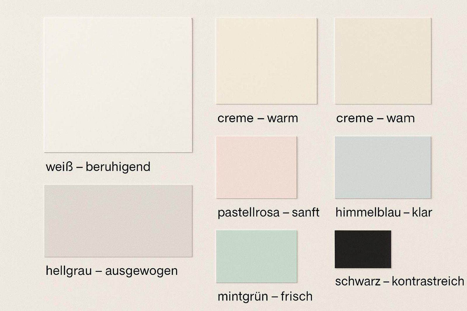 Infografik zeigt die Farbpalette eines skandinavischen Schlafzimmers mit großen Flächen in Weiß Creme und Hellgrau sowie Akzentfarben Pastellrosa Mintgrün und Himmelblau. Schwarzes Element setzt Kontrast.