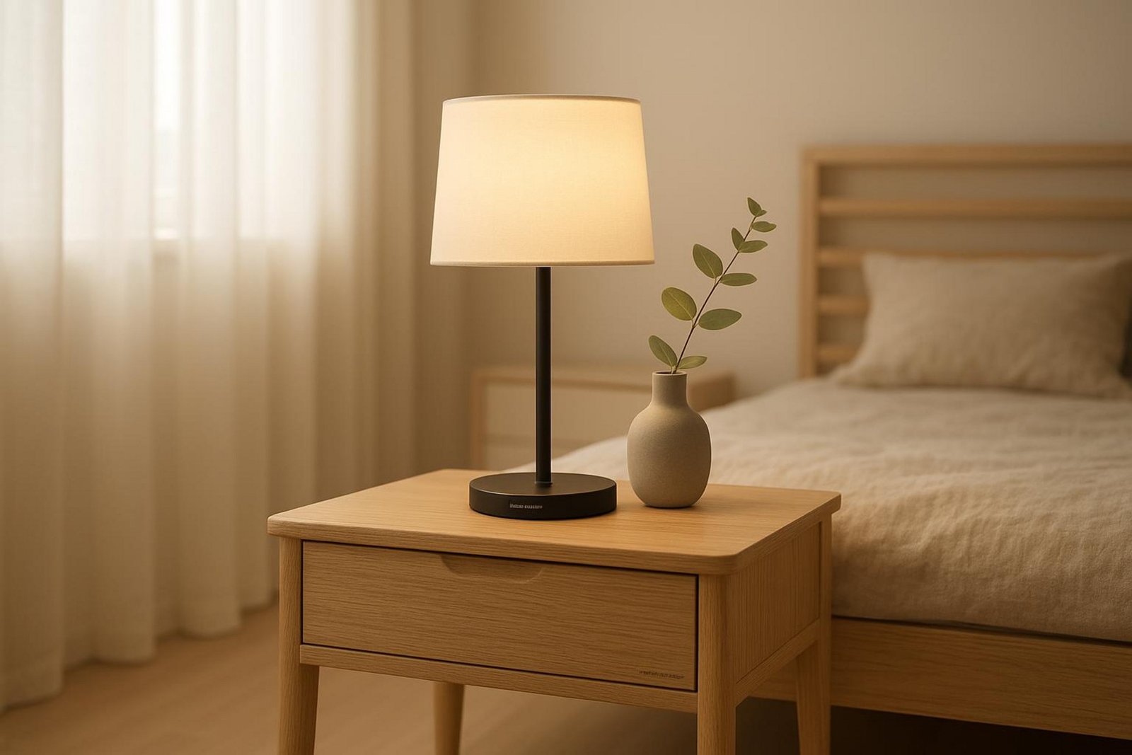 Detailaufnahme eines skandinavischen Schlafzimmers mit hellem Eichen-Nachttisch, minimalistischer Lampe und Eukalyptuszweig.