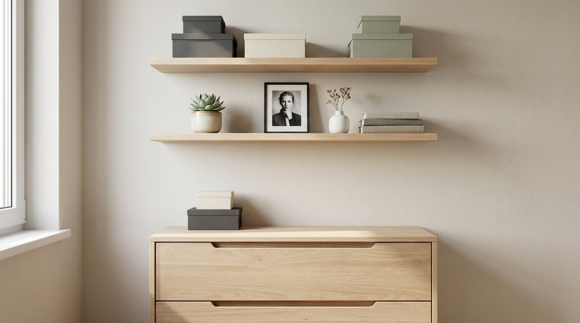 Moderne Holzkommode mit Hängeregalen und dekorativen Aufbewahrungsboxen in einem kleinen Zimmer.