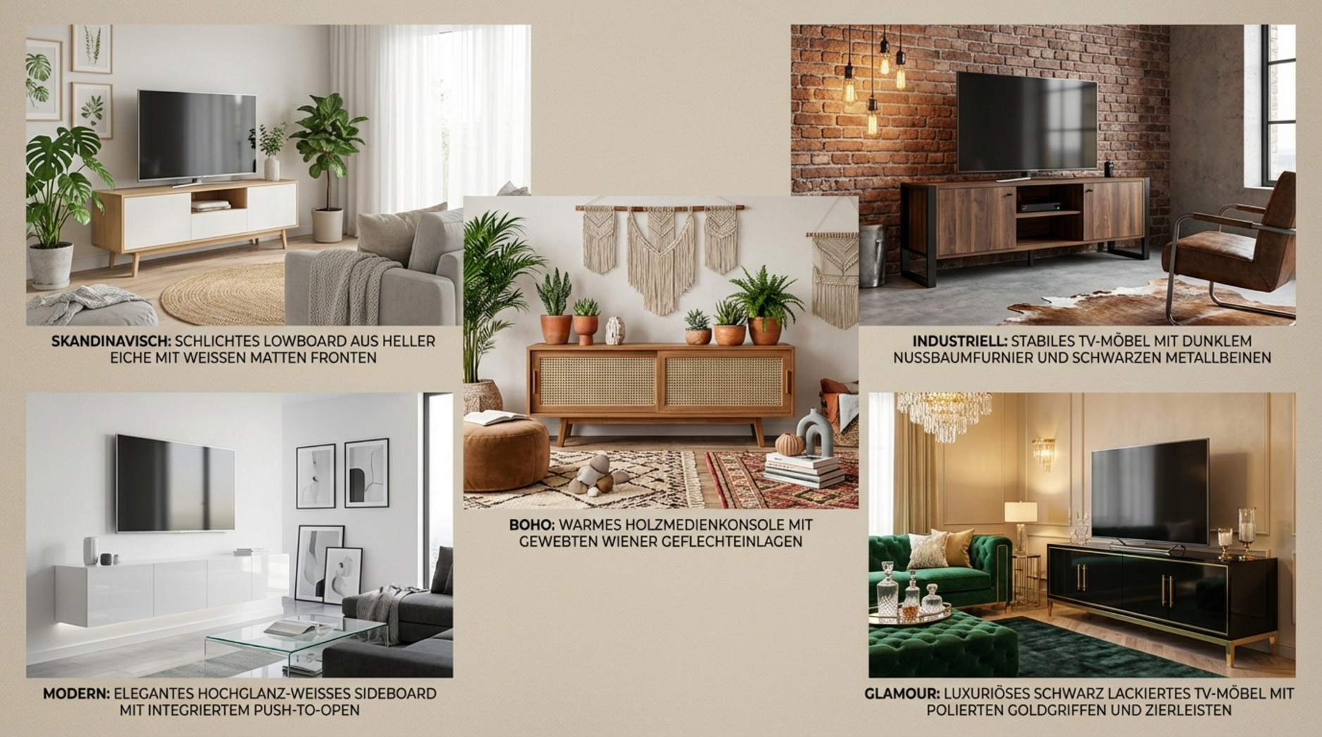 Collage zeigt verschiedene Einrichtungsstile mit passenden TV-Möbeln, darunter skandinavisch industrial boho modern und glamour.