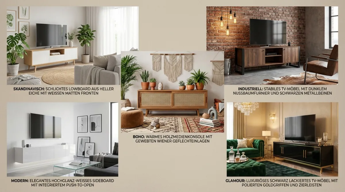 Collage zeigt verschiedene Einrichtungsstile mit passenden TV-Möbeln, darunter skandinavisch industrial boho modern und glamour.