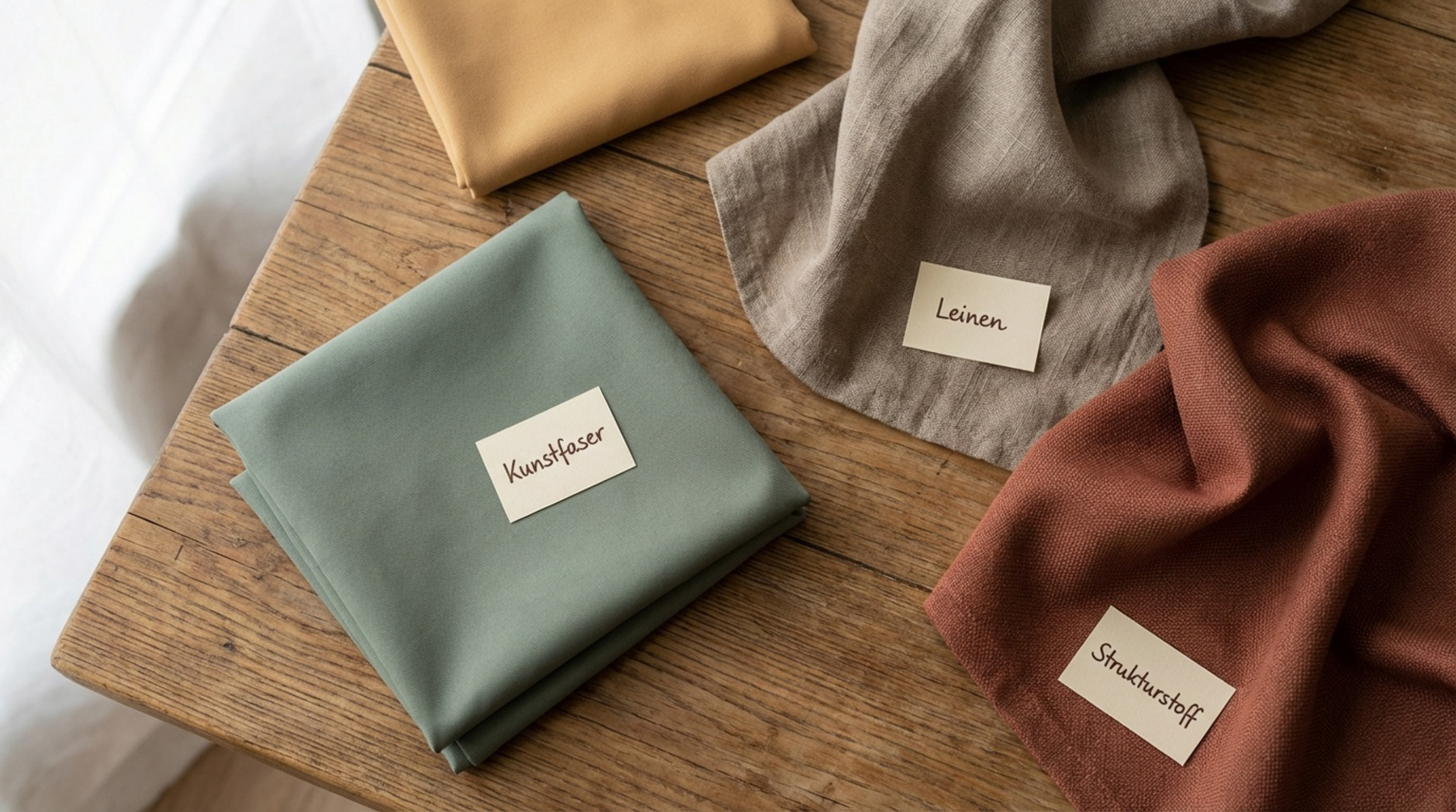 Stilvolle Flatlay-Komposition verschiedener Stoffmuster auf einem Holztisch zur Präsentation von Texturen und Materialien.